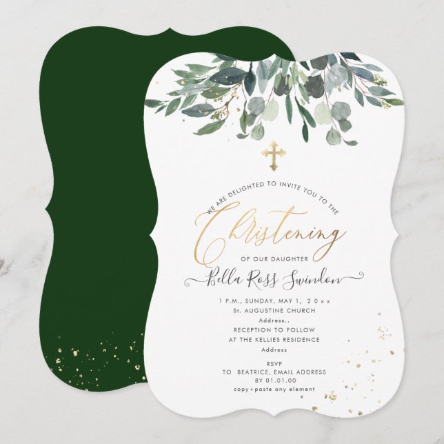 PixDezines Watercolor Blue GumGreenery Christening Invitation (Front/Back)