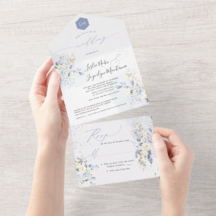 PixDezines Watercolor Blue Hyde Cream Roses All In One Invitation
