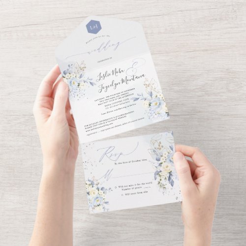 PixDezines Watercolor Blue Hyde Cream Roses All In One Invitation