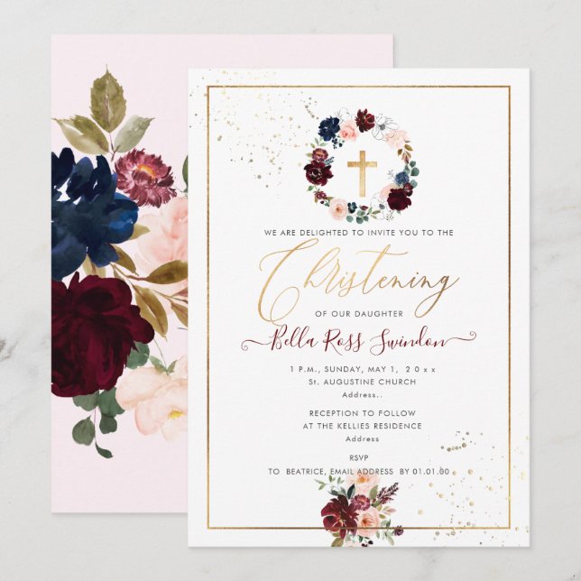 PixDezines Watercolor Blush+Burgundy Wreath Invitation (Front/Back)
