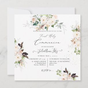 PixDezines Watercolor Blush+Cream Roses Communion Invitation