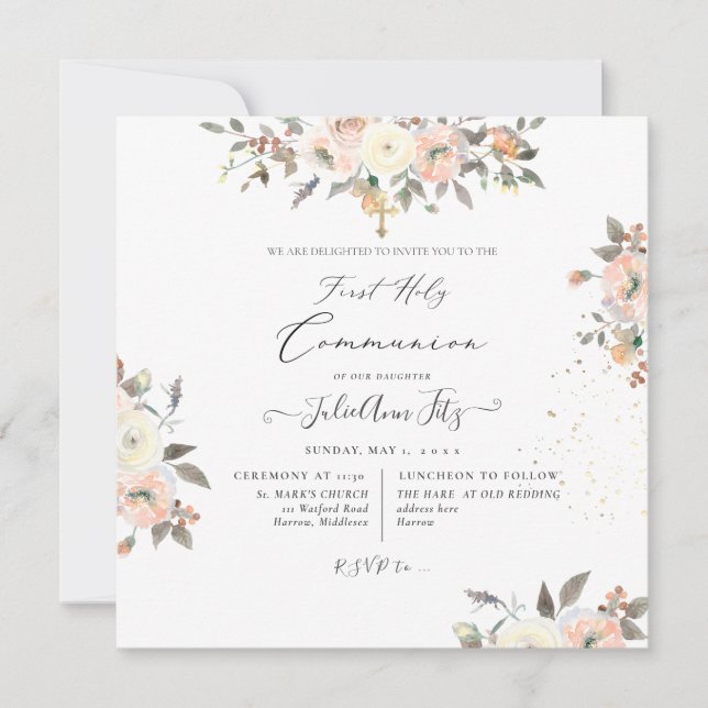 PixDezines Watercolor Blush+Cream Roses Communion Invitation (Front)