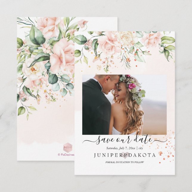 PixDezines Watercolor Blush Cream Roses Save The Date (Front/Back)