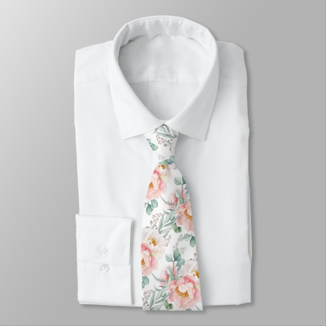 PixDezines Watercolor Blush Peonies Eucalyptus Neck Tie (Tied)