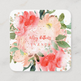 PixDezines Watercolor Blush Peonies Gold Dust Square Business Card