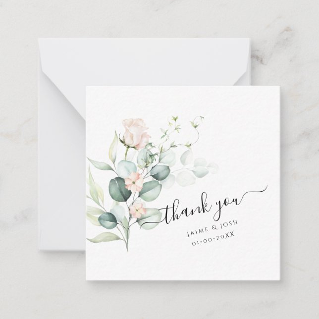 PixDezines Watercolor Blush Rose Eucalyptus Note Card (Front)