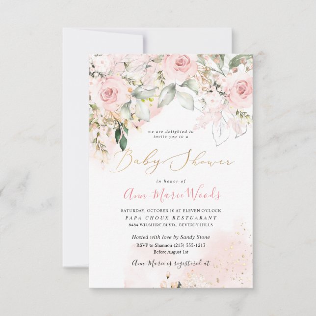 PixDezines Watercolor Blush Roses Baby Shower Invitation (Front)