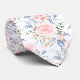 PixDezines Watercolor Blush Roses Dusty Blue Neck Tie