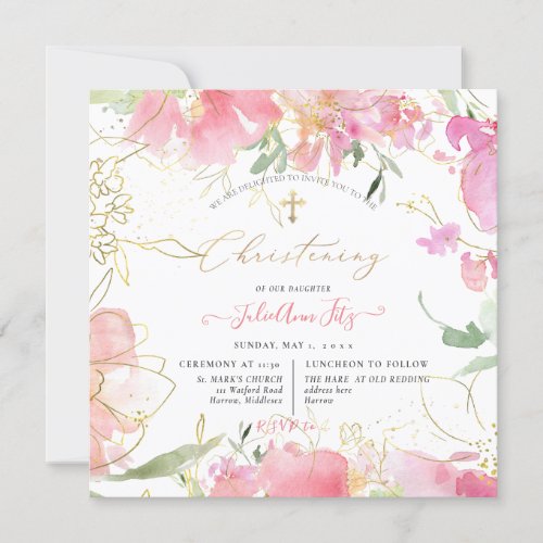 PixDezines Watercolor Blush Sweet Peas Christening Invitation