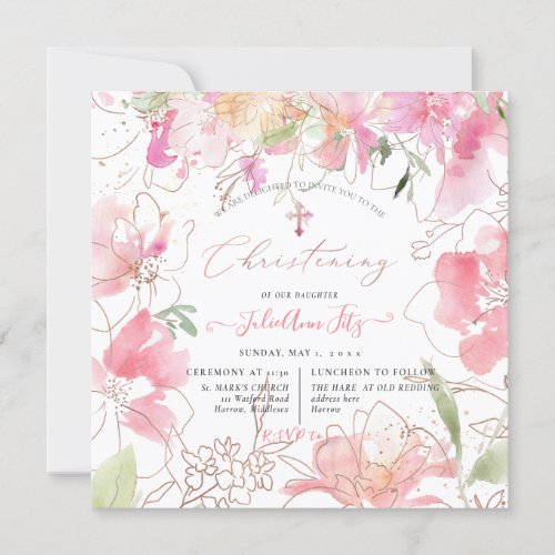 PixDezines Watercolor Blush Sweet Peas Christening Invitation