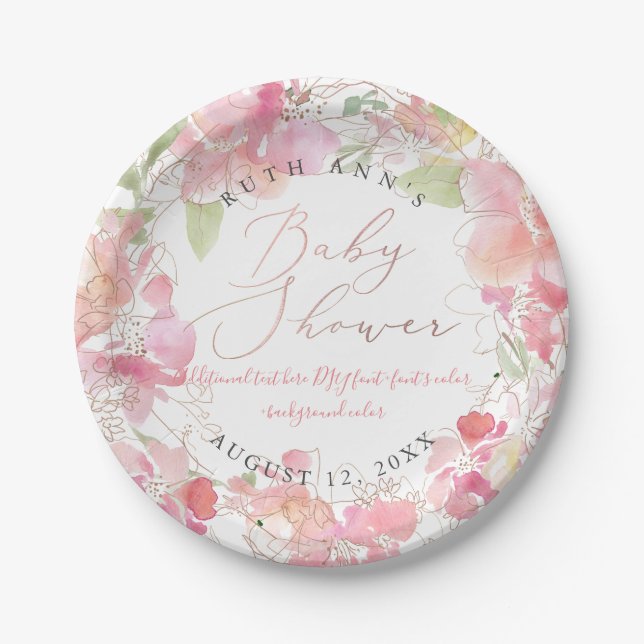 PixDezines Watercolor Blush Sweetpea Baby Shower Paper Plates (Front)