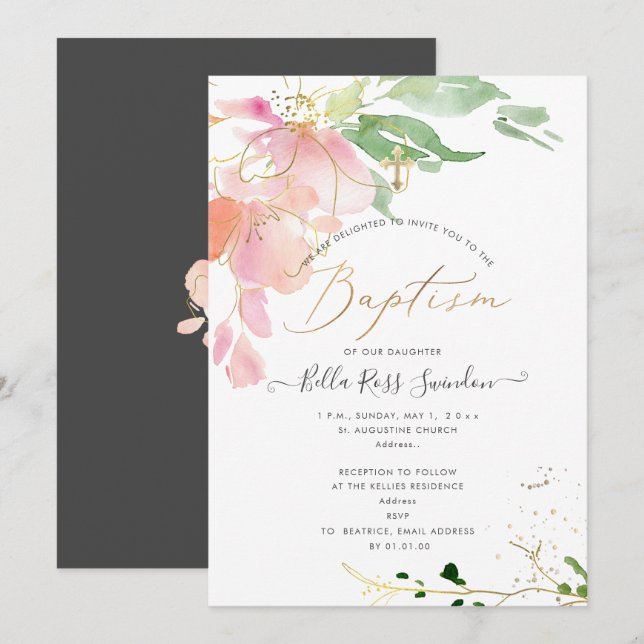 PixDezines Watercolor Blushing Sweetpeas Baptism Invitation (Front/Back)