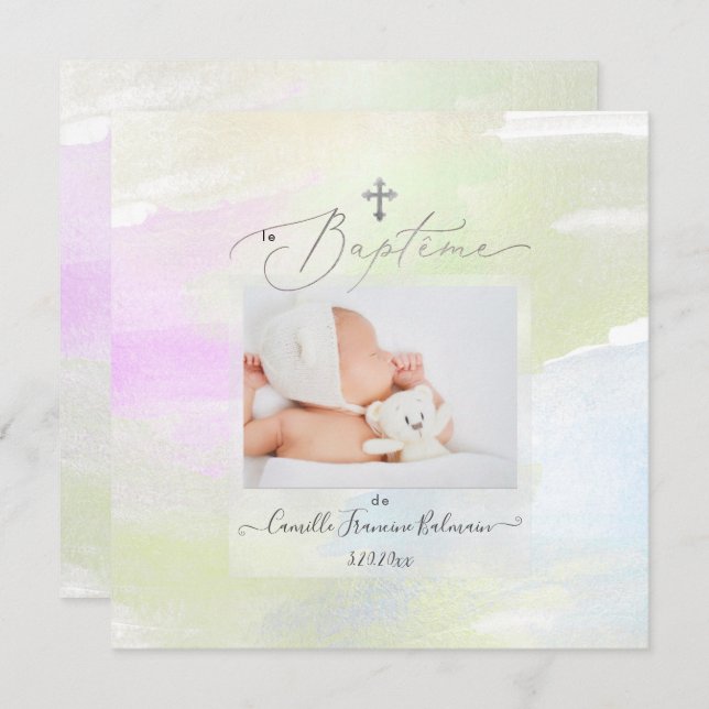 PixDezines Watercolor Brush Stroke, Baptême Fille Invitation (Front/Back)