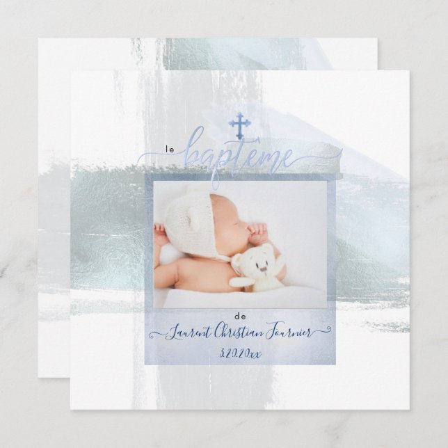 PixDezines Watercolor Brush Stroke, Baptême garçon Invitation (Front/Back)