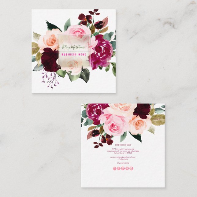 PixDezines Watercolor Burgundy Blush Flowers Square Business Card (Front/Back)