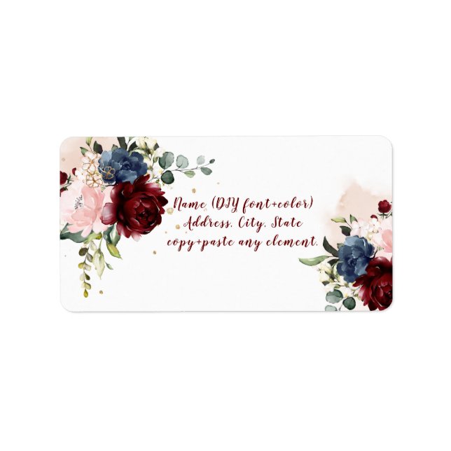 PixDezines Watercolor Burgundy Blush Navy Roses Label (Front)