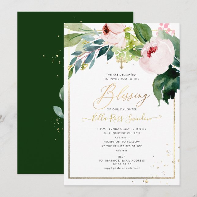 PixDezines Watercolor Delicate Blush Bloom Baptism Invitation (Front/Back)