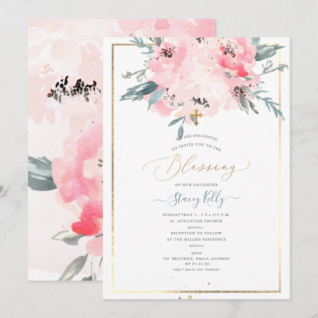 PixDezines Watercolor Delicate Peonies Baptism Invitation (Front/Back)
