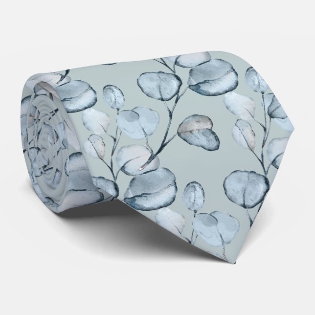 PixDezines Watercolor Dusty Blue Gum Eucalyptus Neck Tie (Rolled)