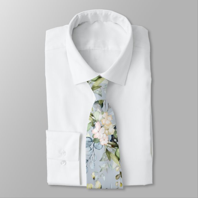 PixDezines Watercolor Dusty Blue Gum Foliage Neck  Neck Tie (Tied)