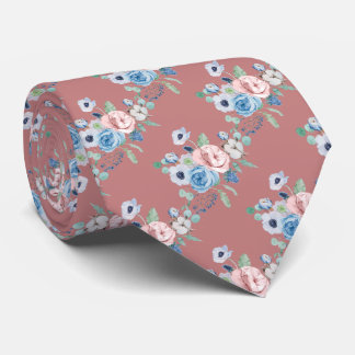 PixDezines Watercolor Dusty Blue Rose Peonies Neck Neck Tie