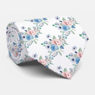 PixDezines Watercolor Dusty Blue Rose Peonies Neck Neck Tie