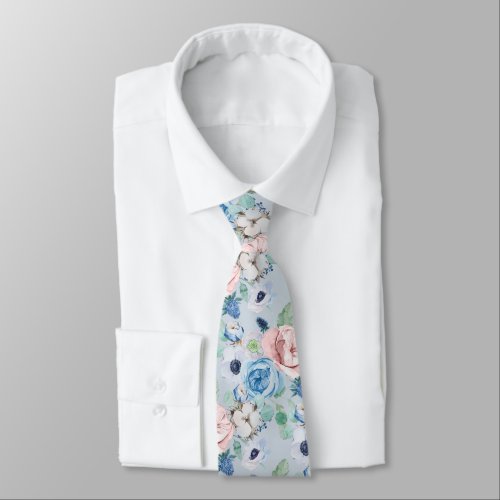 PixDezines Watercolor Dusty Blue Rose Peonies Neck Neck Tie