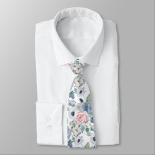 PixDezines Watercolor Dusty Blue Rose Peonies Neck Tie
