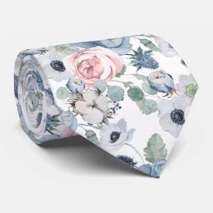 PixDezines Watercolor Dusty Blue Rose Peonies Neck Tie