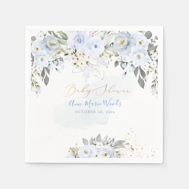 PixDezines Watercolor Dusty Blue Roses Baby Shower Napkins (Front)