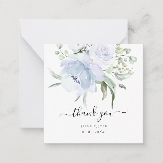 PixDezines Watercolor Dusty Blue Roses Thank You Note Card (Front)