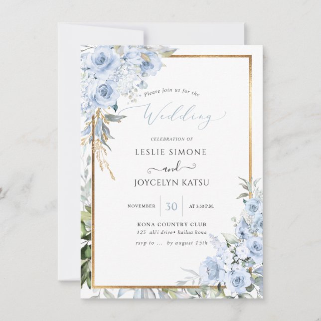 PixDezines Watercolor Dusty Blue Roses Wedding Invitation (Front)