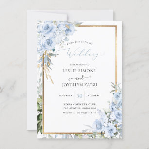 PixDezines Watercolor Dusty Blue Roses Wedding Invitation