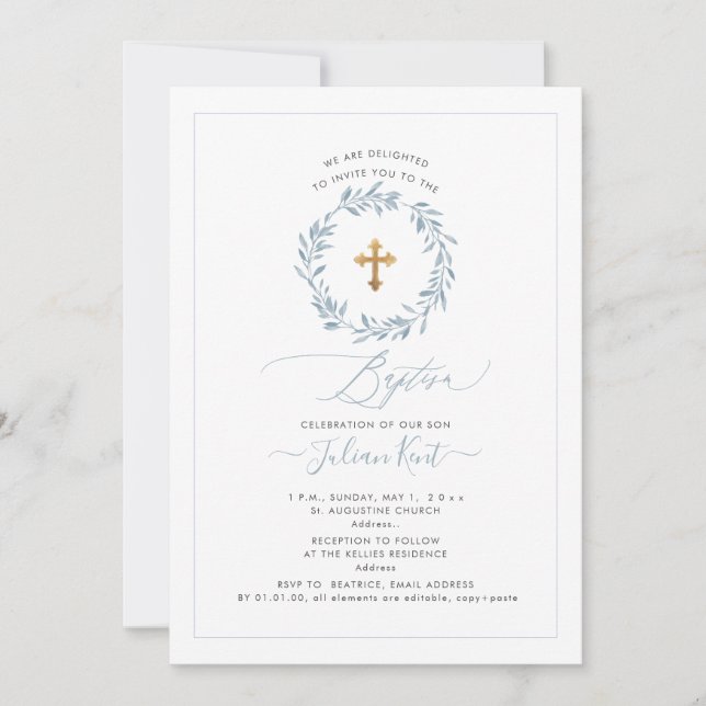 PixDezines Watercolor Dusty Blue Wreath Invitation (Front)
