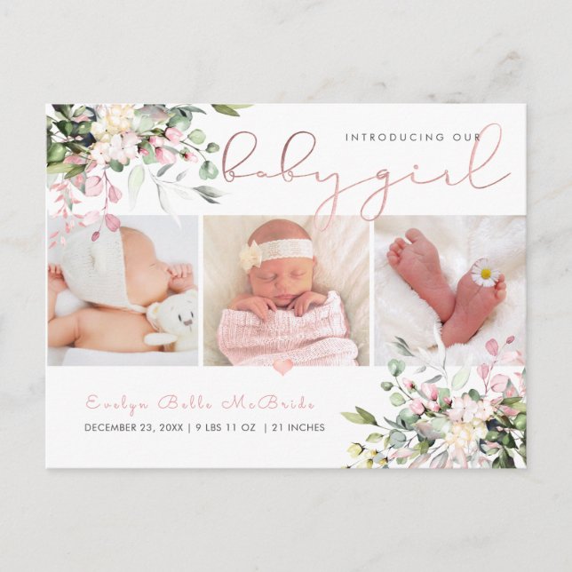 PixDezines Watercolor Dusty Pink Eucalyptus Birth Postcard (Front)