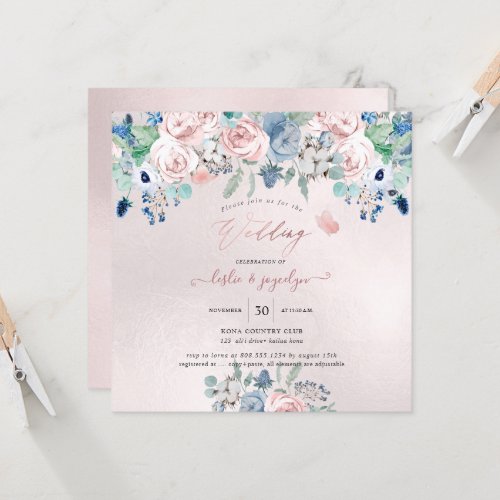 PixDezines Watercolor Dusty Rose Navy Blue Wedding Invitation