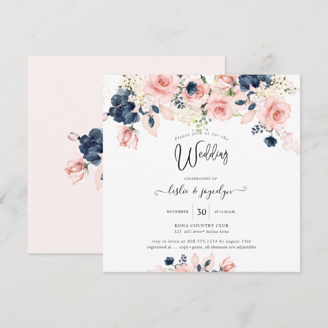PixDezines Watercolor Dusty Rose Navy Blue Wedding Invitation (Front/Back)