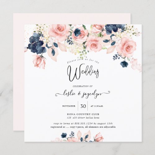 PixDezines Watercolor Dusty Rose Navy Blue Wedding Invitation