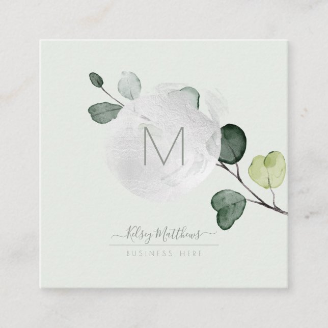 PixDezines Watercolor Eucalyptus Foliage Square Business Card (Front)