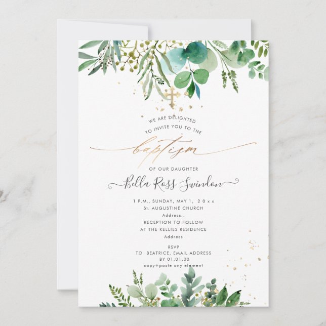 PixDezines Watercolor Eucalyptus Greenery Baptism  Invitation (Front)