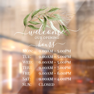 PixDezines Watercolor Eucalyptus Sprig Store Hours Window Cling