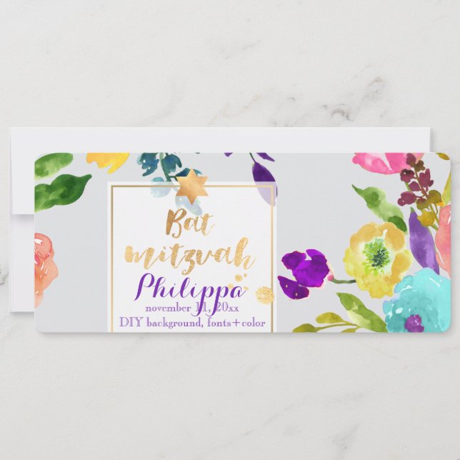 PixDezines Watercolor/Floral/Bat Mitzvah Invitation (Front)