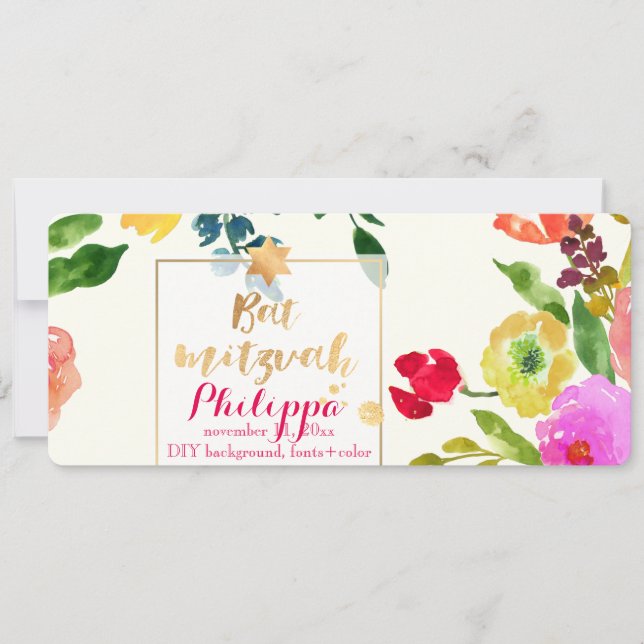 PixDezines Watercolor/Floral/Bat Mitzvah Invitation (Front)