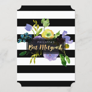 PixDezines Watercolor/Floral/Stripes Bat Mitzvah Invitation
