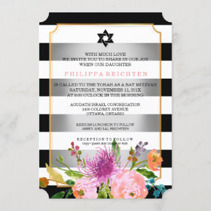 PixDezines watercolor/floral/stripes bat mitzvah Invitation