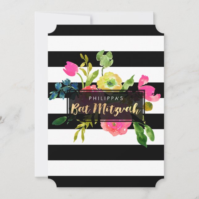PixDezines watercolor/floral/stripes bat mitzvah Invitation (Front)