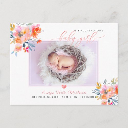 PixDezines Watercolor flowers Baby Girl Birth Postcard