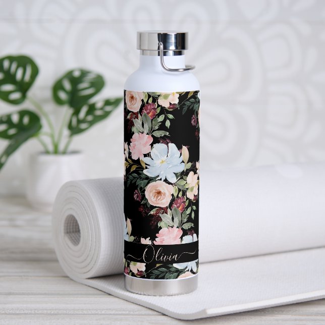 PixDezines Watercolor Flowers Blush Blue Water Bottle (Yoga)