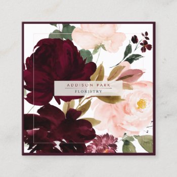 Pixdezines Watercolor Flowers  Blush Burgundy Square Business Card by Create_Business_Card at Zazzle