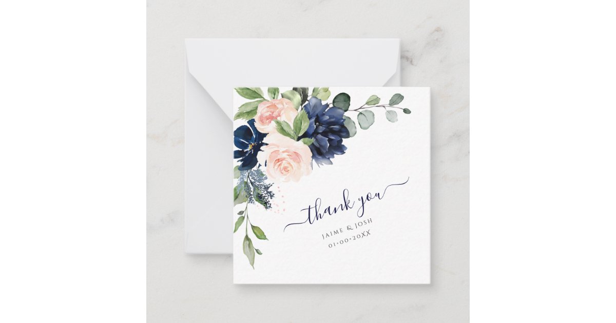 PixDezines Watercolor Flowers Blush Navy thank you Note Card | Zazzle